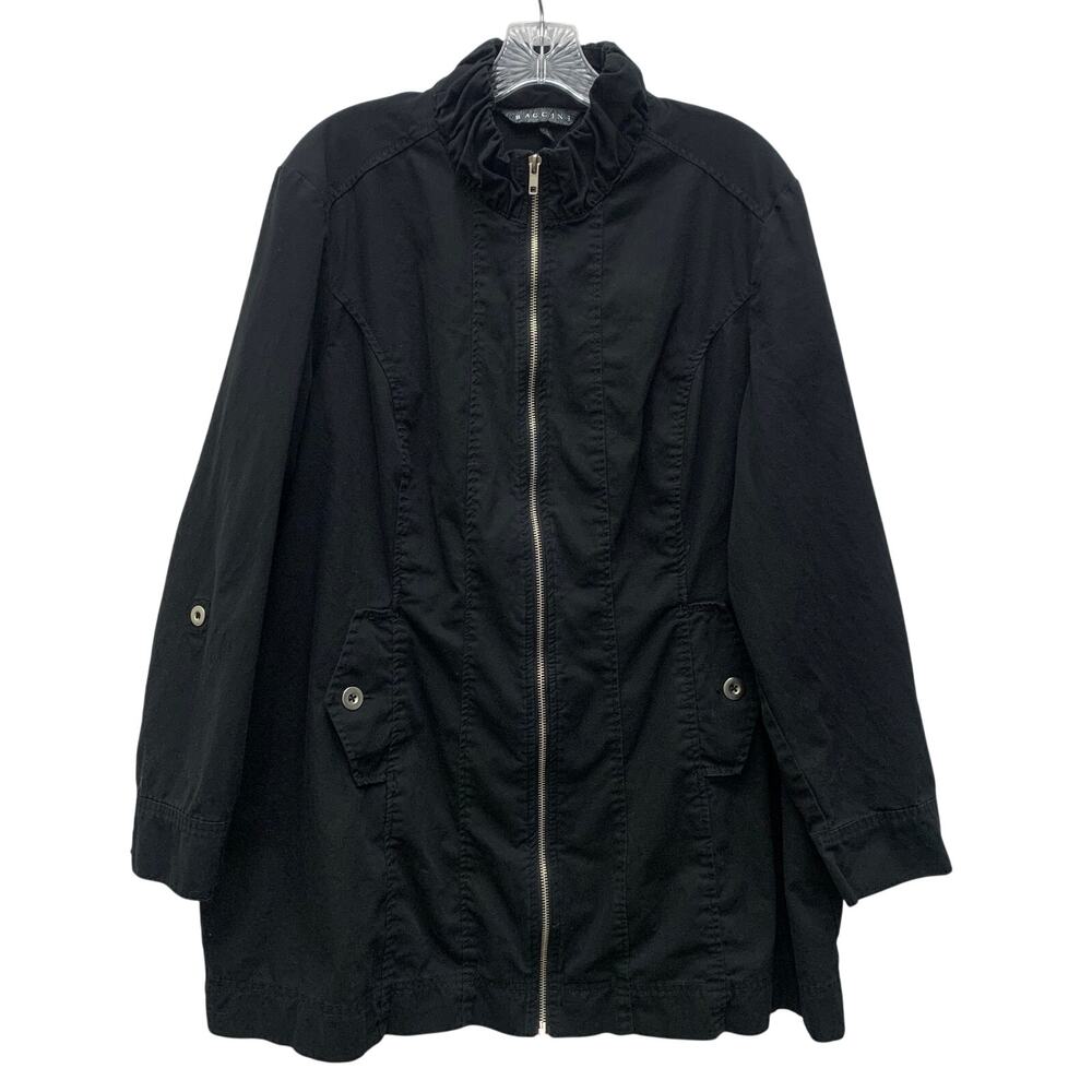Baccini Womens 2X Black Full Zip Ruffled Trim Chrome Long Roll Up Sleeve Jacket